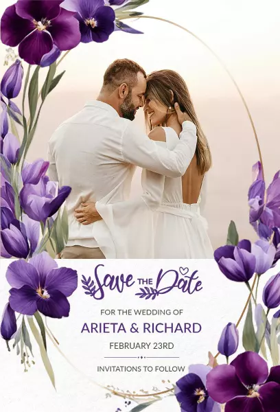 Elegant Floral Purple Save The Date Wedding Invitation Template