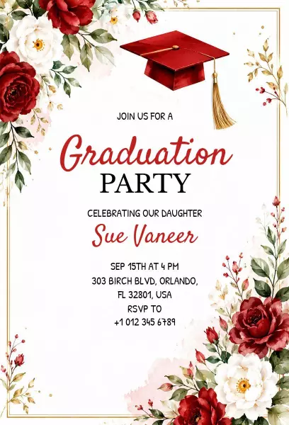 Elegant Floral Red Graduation Celebration Party Invitation Template