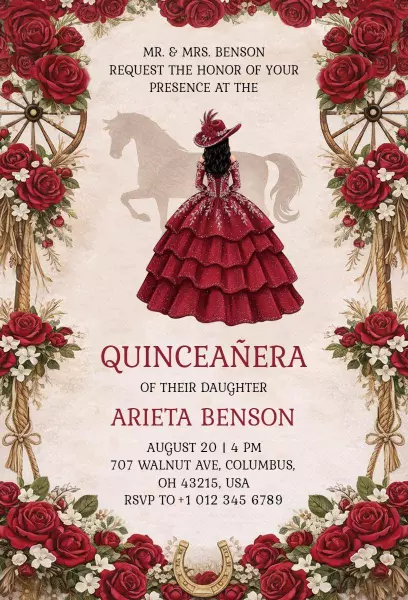 Elegant Floral Red Quinceanera Celebration Invitation Template