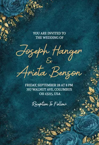Elegant Floral Rich Blue Wedding Ceremony Invitation Template