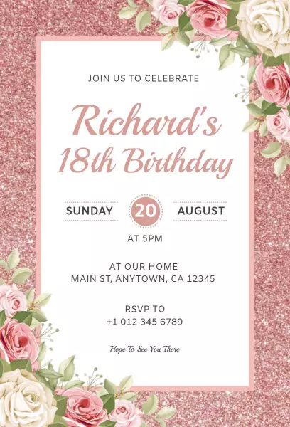 Elegant Floral Rose Gold 18th Birthday Celebration Invitation Template