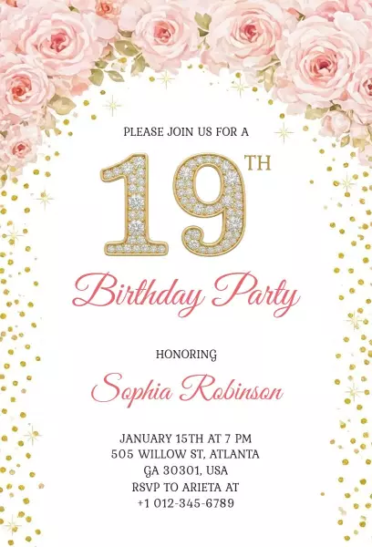 Elegant Floral Rose Gold 19th Birthday Celebration Invitation Template