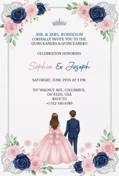 Elegant Floral Rose Quinceanera Celebration Invitation Template