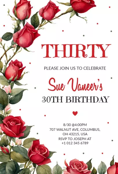 Elegant Floral Rose Thirty Birthday Celebration Invitation Template