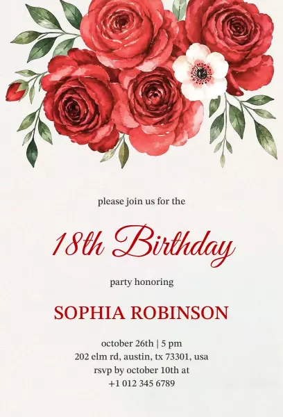 Elegant Floral Roses 18th Birthday Celebration Invitation Template