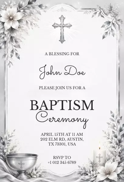 Elegant Floral Silver Baptism Ceremony Invitation Template