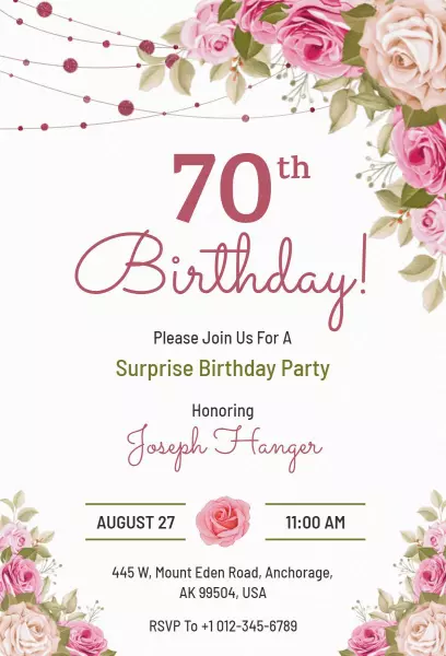 Elegant Floral Surprise 70th Birthday Celebration Invitation Template