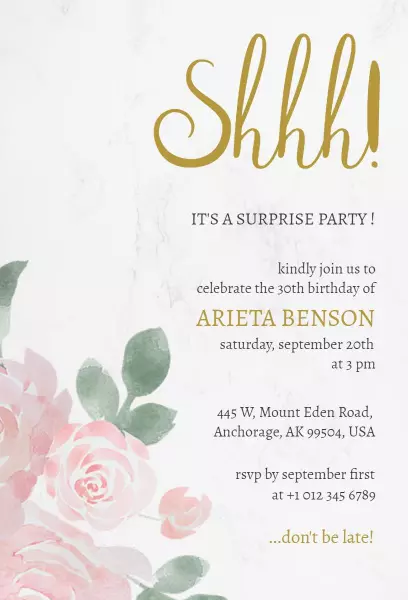 Elegant Floral Surprise Birthday Party Invitation Template