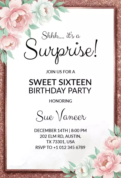 Elegant Floral Surprise Sweet 16 Birthday Invitation Template