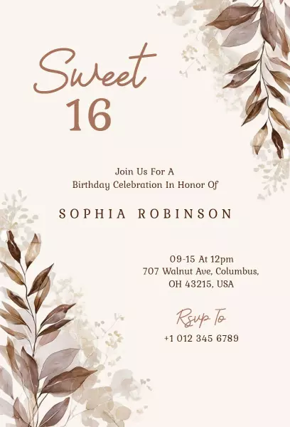 Elegant Floral Sweet 16 Birthday Celebration Invitation Template