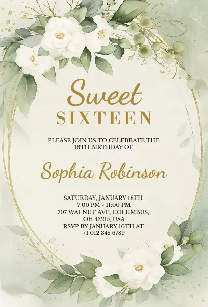 Elegant Floral Sweet Sixteen Birthday Celebration Invitation Template