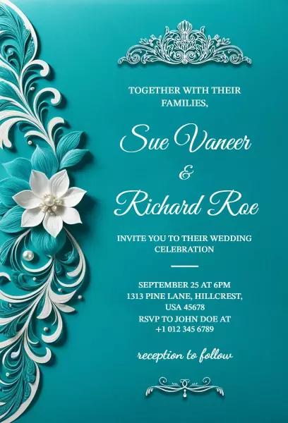 Elegant Floral Teal Wedding Celebration Invitation Template