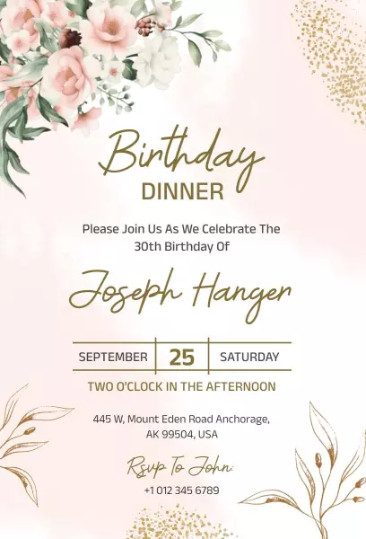 Elegant Floral Themed Dinner Birthday Celebration Invitation Template