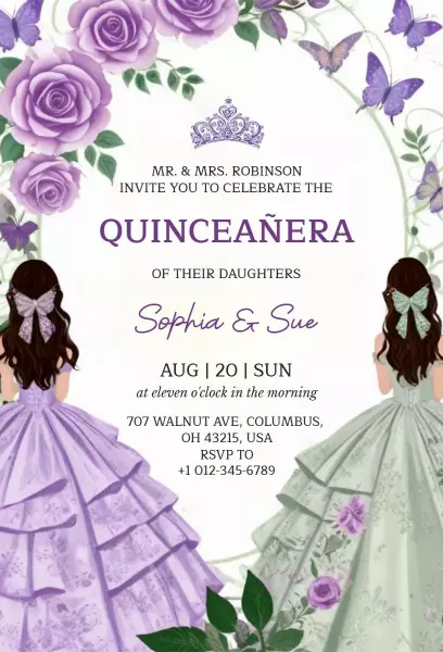 Elegant Floral Twin Daughters Quinceanera Invitation Template