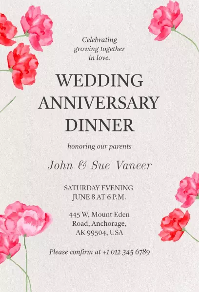 Elegant Floral Wedding Anniversary Dinner Celebration Invitation Template