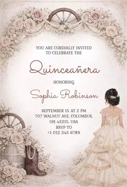 Elegant Floral Whimsical Quinceanera Celebration Invitation Template