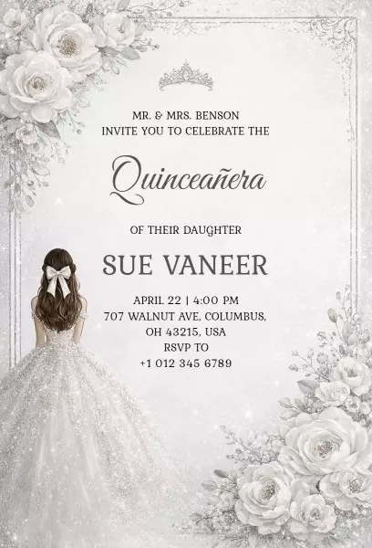 Elegant Floral White Quinceanera Celebration Invitation Template
