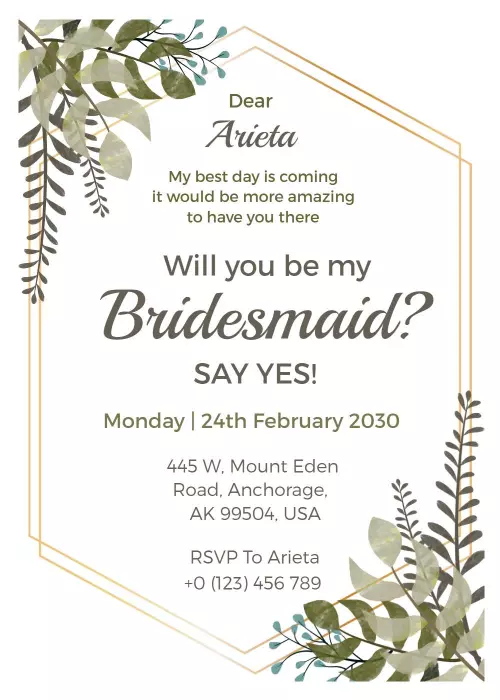 Elegant Floral Will You Be My Bridesmaid Invitation Template
