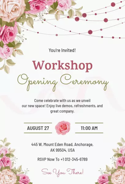 Elegant Floral Workshop Opening Ceremony Invitation Template