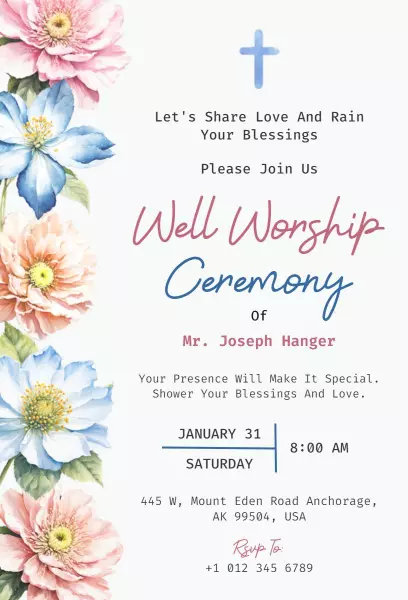 Elegant Floral Worship Ceremony Church Invitation Template