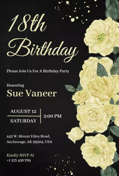Elegant Floral Yellow 18th Birthday Celebration Invitation Template