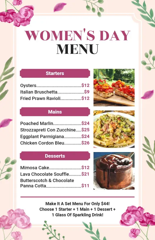 Elegant Flower-Themed Women's Day Dining Menu Template
