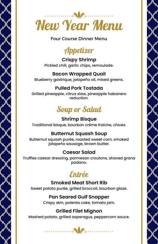 Elegant Four Course Dinner Selections for Celebrating New Year Menu Template