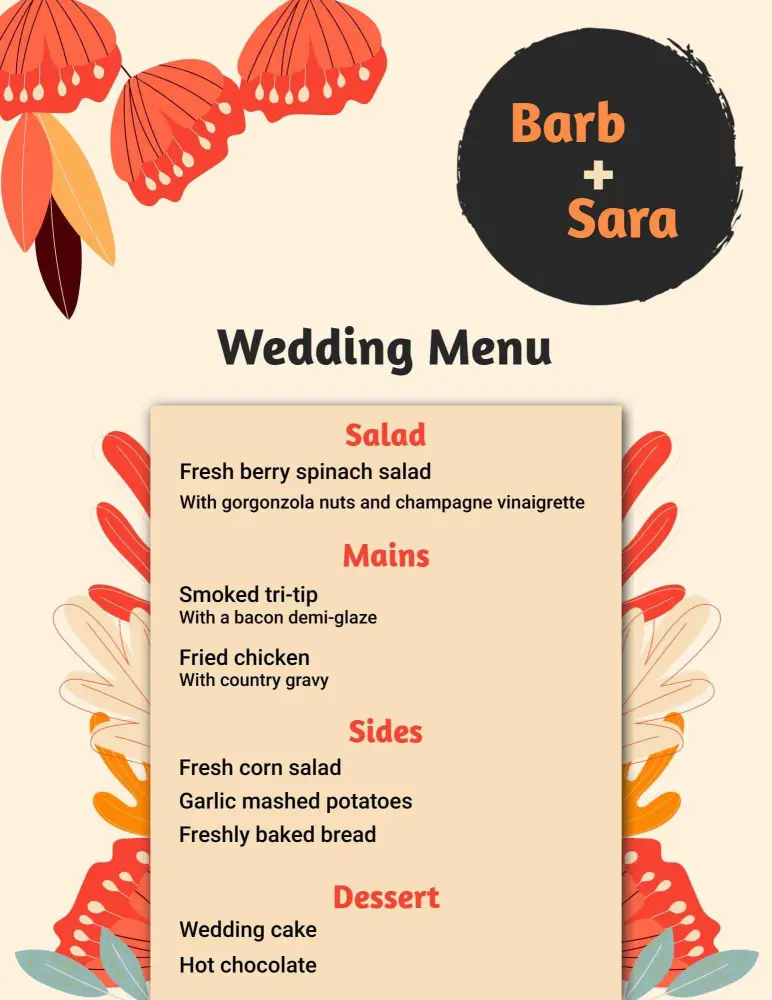 Elegant Fresh Spinach Salad and Hearty Mains Wedding Menu Template