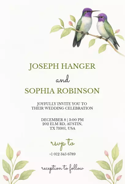Elegant Garden Birds Wedding Celebration Invitation Template
