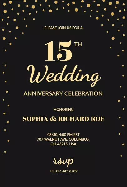 Elegant Gold 15th Wedding Anniversary Celebration Invitation Template