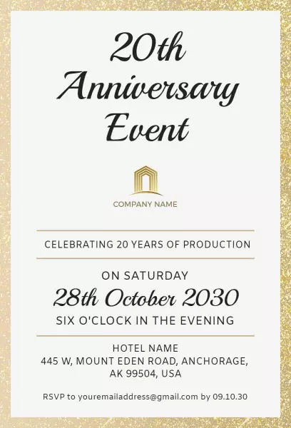 Elegant Gold 20th Anniversary Celebration Invitation Template