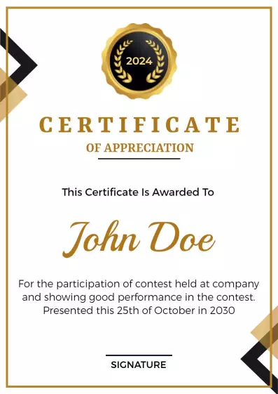 Elegant Gold and Black Appreciation Performance Certificate Template