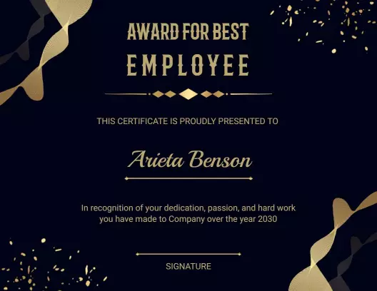 Elegant Gold and Black Best Employee Award Certificate Template