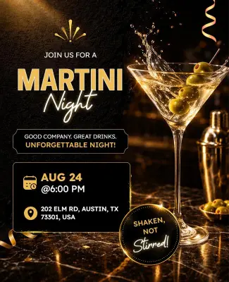 Elegant Gold and Black Martini Night Event Flyer Template