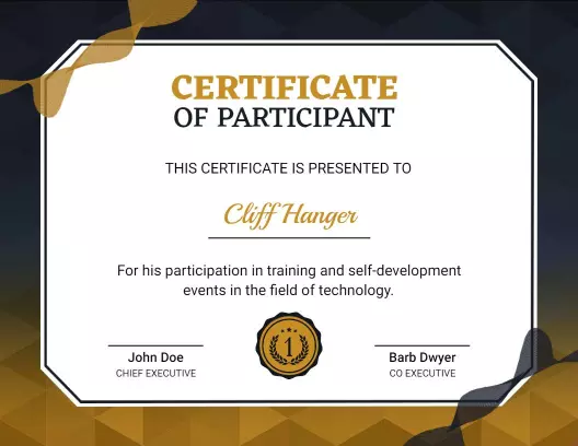 Elegant Gold and Black Technology Training Participant Certificate Template