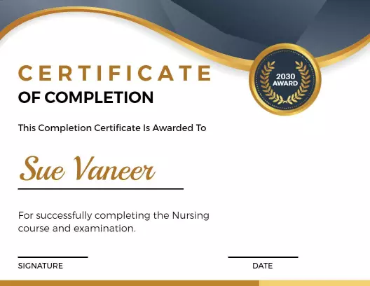 Elegant Gold and Blue Nursing Course Completion Certificate Template