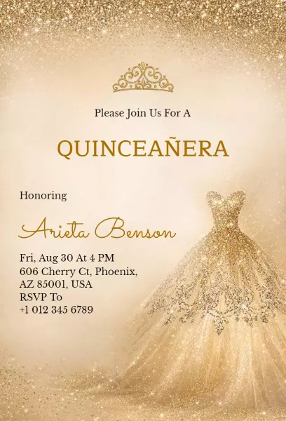 Elegant Gold and Glitter Quinceanera Celebration Invitation Template