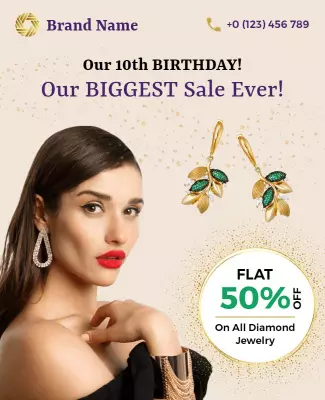 Elegant Gold and Green Jewelry Sale Birthday Poster Template