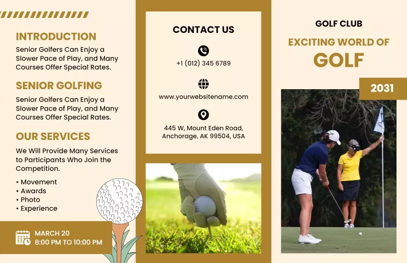 Elegant Gold and Green Senior Golf Club Services Brochure Template