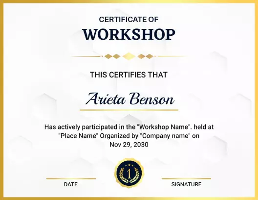 Elegant Gold and Navy Hexagonal Design Workshop Certificate Template