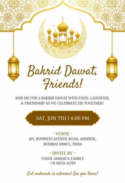 Elegant Gold Bakrid Dawat Celebration Invitation Template