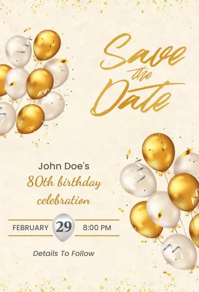 Elegant Gold Balloon 80th Birthday Save The Date Invitation Template