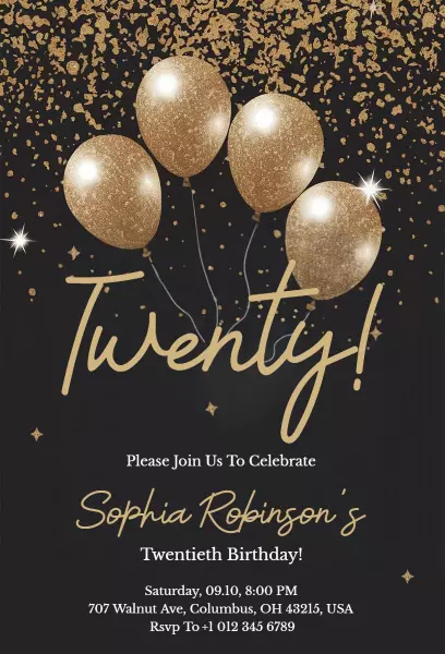 Elegant Gold Balloons Twentieth Birthday Celebration Invitation Template