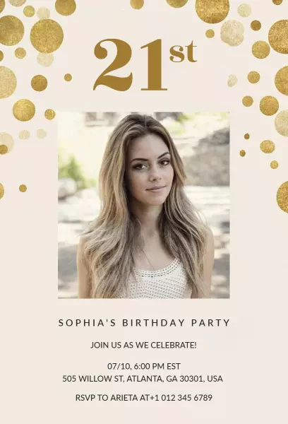 Elegant Gold Confetti 21st Birthday Celebration Invitation Template