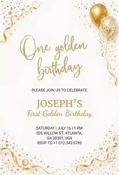 Elegant Gold Confetti First Golden Birthday Invitation Template