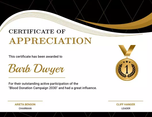 Elegant Gold Design for Blood Donation Appreciation Certificate Template