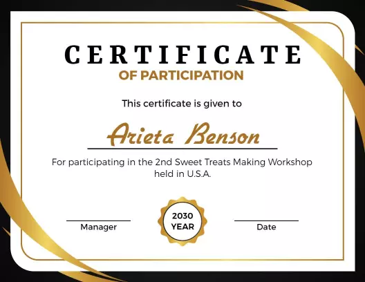Elegant Gold Design for Sweet Treats Making Workshop Certificate Template
