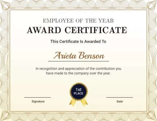 Elegant Gold Employee of the Year Award Certificate Template