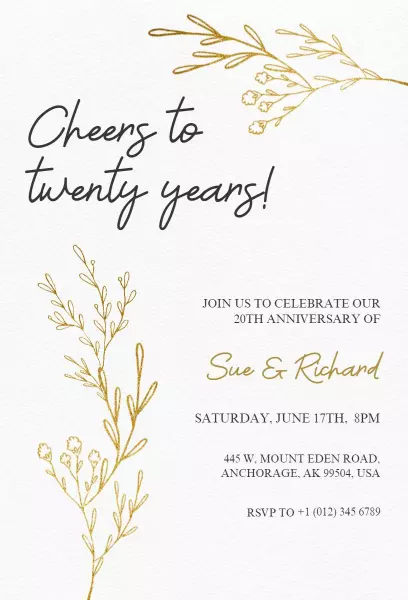 Elegant Gold Floral 20th Anniversary Celebration Invitation Template