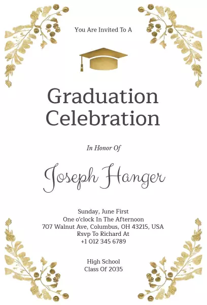 Elegant Gold Floral Graduation Celebration Invitation Template